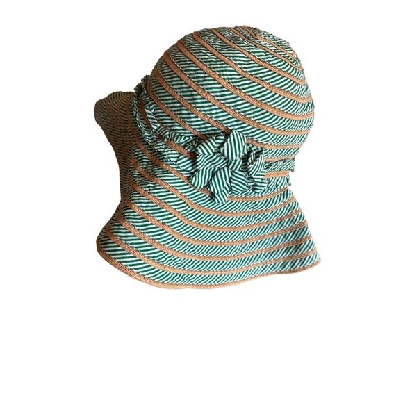 Cynthia Rowley Green & Beige Striped Sun Hat O/S 60% Polyester 40% Paper - Picture 1 of 6
